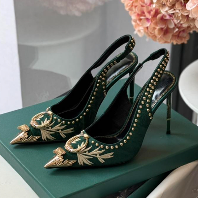 Gladiator Sandal Women - Dark Green Embroidered Pointed Toe Metal