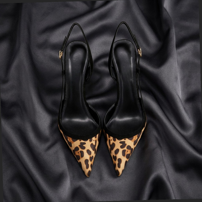 Ankle Strap Heels - Yuejinlong #YJ26-802, Black Suede Leopard-Print Ankle-Strap